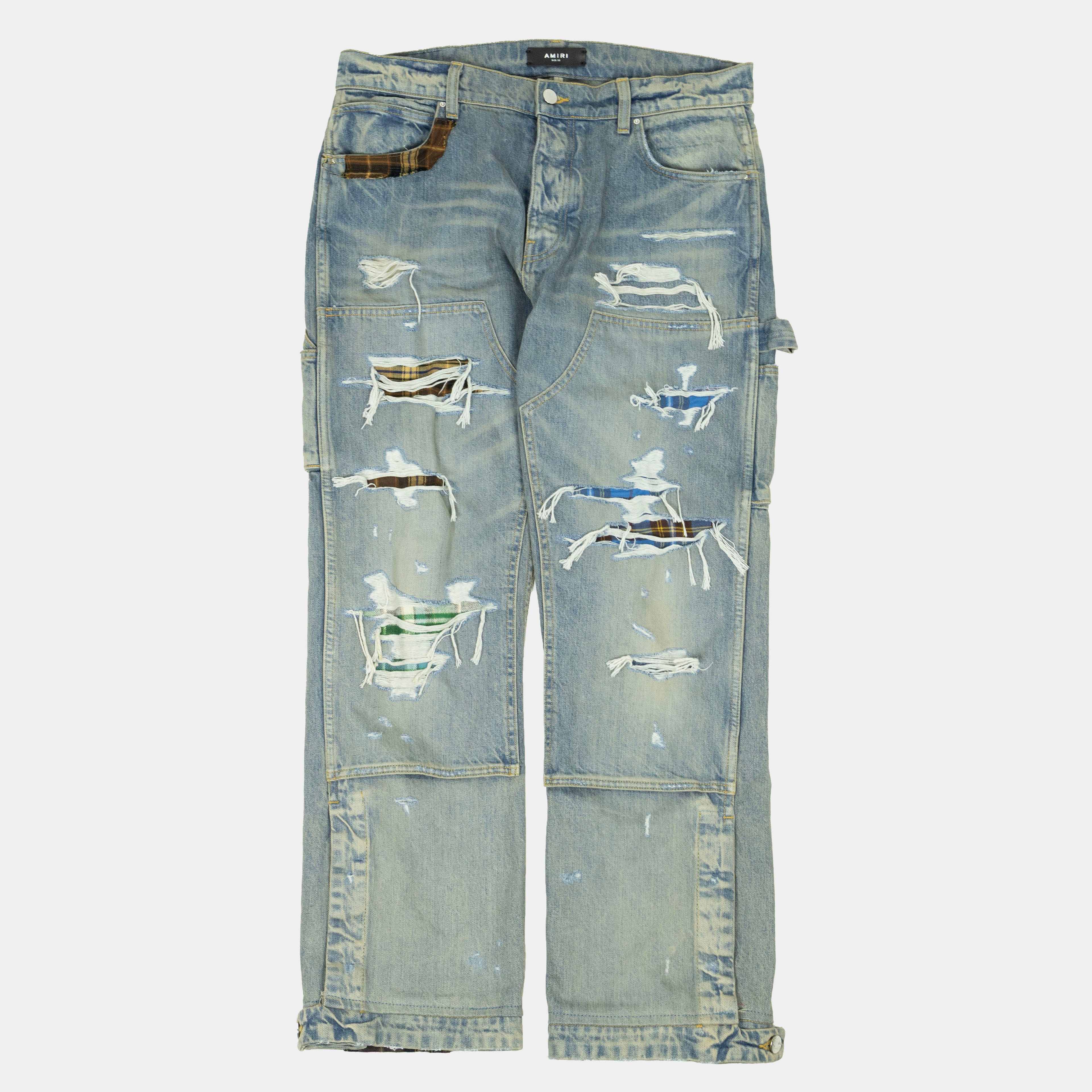 Amiri Distressed Plaid Patch Carpenter Jeans